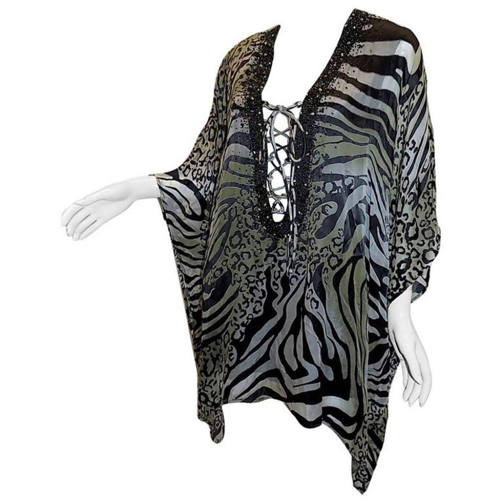Camilla Black and Olive Lace-Up Animal Print Tunic Top